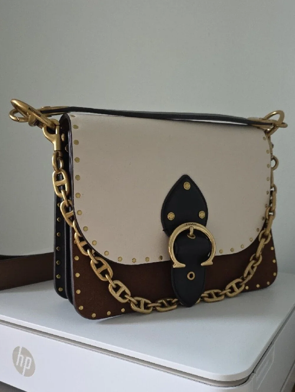 Coach Two-Tone Cream and Brown Leather Bag with Branded Gold Chain Accent